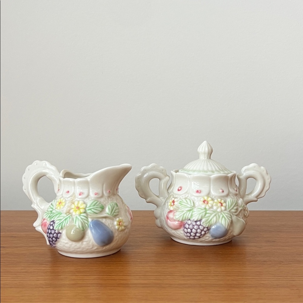 Vintage Cottagecore Fruit Cream and Sugar Bowl, Creamer